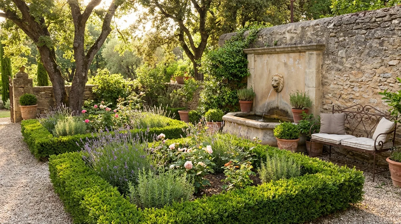 Cozy French Garden Corner With Patterned Beds